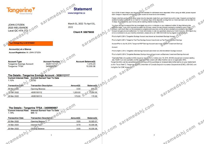 Canada Tangerine bank statement